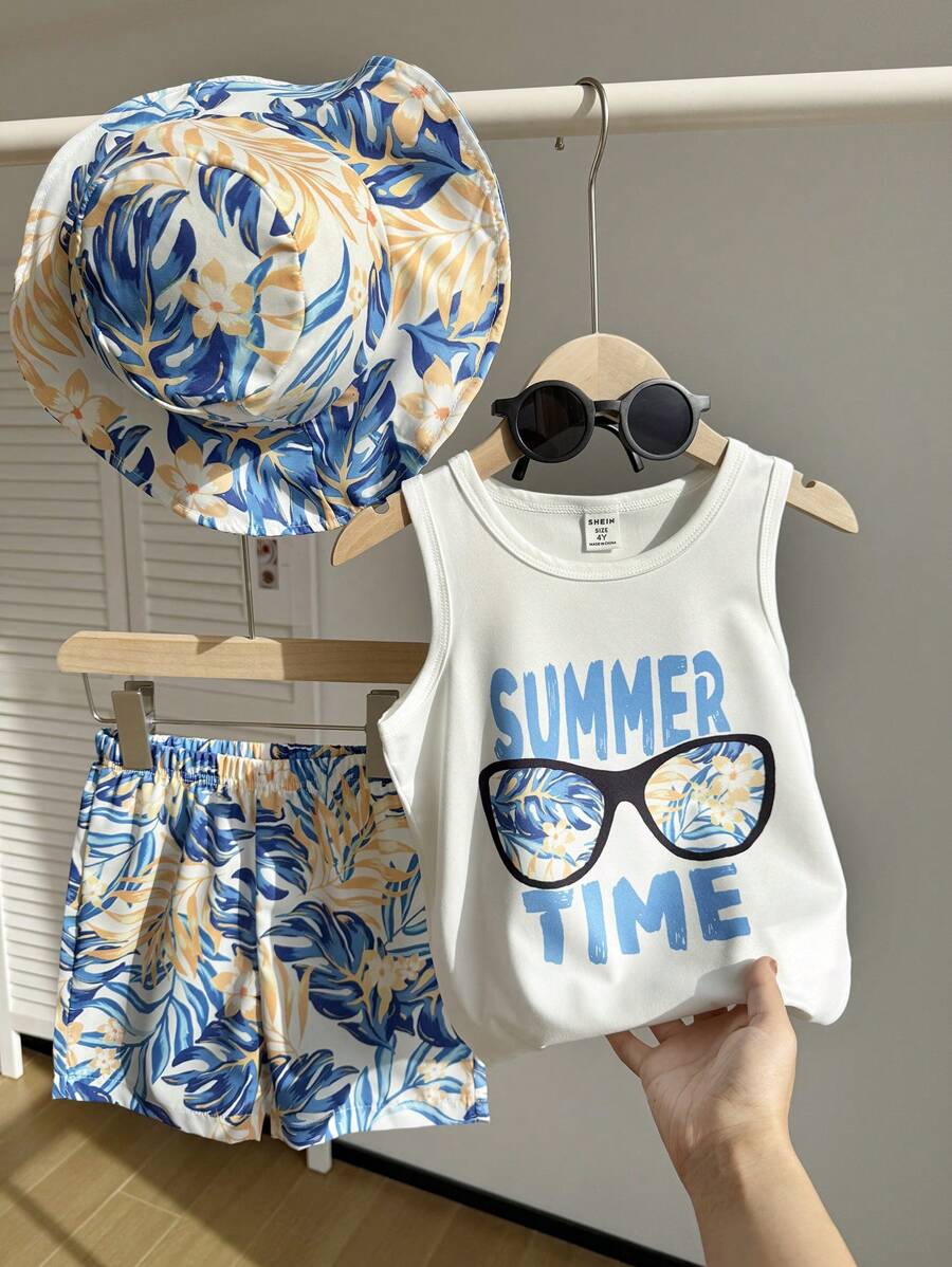 SHEIN Bộ 2 món trẻ em trai thường ngày cây dừa, kính râm in logo áo ba lỗ không tay và quần short in hình cây nhiệt đới toàn thân có mũ, thích hợp mặc hàng ngày, đi nghỉ, thể thao, ngoài trời, mùa hè - Xanh và trắng - Xem 1