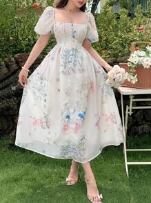 DAZY Vestido romántico con estampado floral estilo francés, moda para mujer
