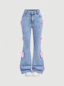 SHEIN Girlism Pantalones vaqueros con pierna acampanada de cintura alta, elásticos y desgastados al estilo Y2K para niña preadolescente, con bolsillos decorados con lazos, pantalones de estilo boho para vacaciones de verano en la playa, pantalones casuales con lazos para conciertos de verano y festivales, pantalones casuales para brunch de verano, iglesia y graduación - Lavado ligero - Ver 4