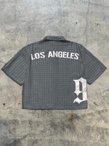 Camisa de manga corta suelta de estilo callejero con letras en inglés y estampado a cuadros para hombres