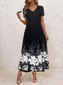 SHEIN Clasi Women's Elegant V-Neck Blue & White Floral Print Pocket Maxi Dress, Casual Vacation & Daily Wear, Spring/Summer,Dresses For Women Summer