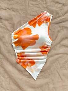 Soleia 女士扎染超大花卉印花单肩褶饰不对称下摆修身衬衫，非常适合度假穿着 - 彩色 - 查看 7