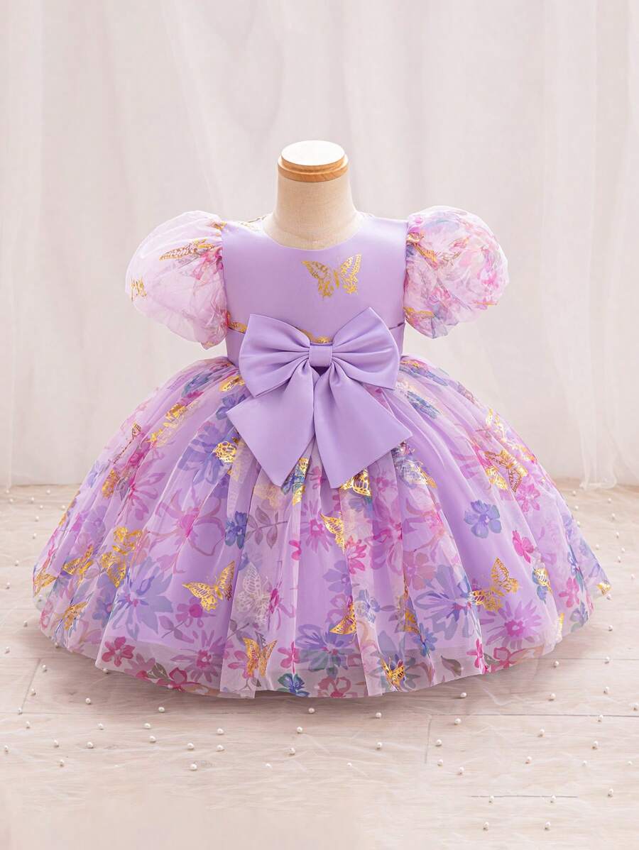Cute Baby Girls Elegant Butterfly Pattern Organza Short Sleeve Dress, Summer - Mauve Purple - View 1
