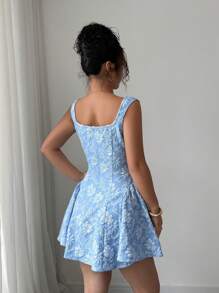 Rafferiza 春夏女式优雅方领、无袖、收腰、褶饰下摆、蓝色纹理提花迷你连衣裙，非常适合毕业典礼、舞会、派对、节日、度假