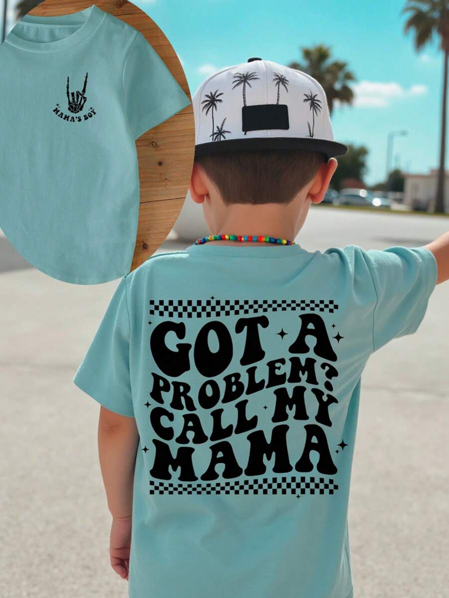 小男孩“有问题吗？打电话给我妈妈”印花圆领短袖浅蓝色T恤 - 薄荷藍 - 查看 1