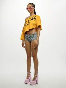 SUMWON WOMEN 露肩短款不对称图案印花节日演唱会 T 恤短袖派对夏季休闲都市装上衣 - 黃色 - 查看 4