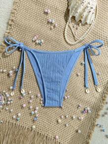 Swim Mod Women Solid Jacquard Fabric Tie Side Shell Decor Sexy Bikini Bottoms - Blue - View 1