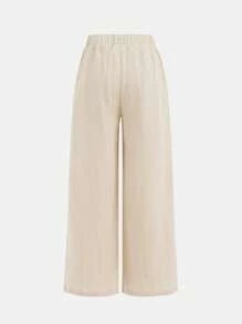 SHEIN Set de 2 pantalones anchos de pierna ancha con textura tejida y moño casual para niñas preadolescentes, estilo vacacional