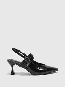 CUCCOO BIZCHIC Damen Rock Chic spitzere Zehenkappe mit Cut Out 3-Riemen-Schnallen-Kitten-Absatz-Stilettos in Schwarz mit Rückenausschnitt, von Fashion-Bloggern empfohlen