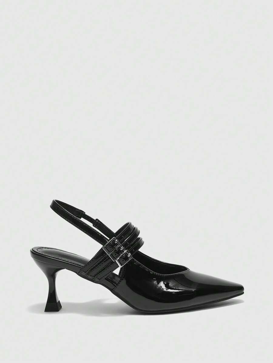 CUCCOO BIZCHIC Damen Rock Chic spitzere Zehenkappe mit Cut Out 3-Riemen-Schnallen-Kitten-Absatz-Stilettos in Schwarz mit Rückenausschnitt, von Fashion-Bloggern empfohlen