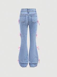 SHEIN Girlism Pantalones vaqueros con pierna acampanada de cintura alta, elásticos y desgastados al estilo Y2K para niña preadolescente, con bolsillos decorados con lazos, pantalones de estilo boho para vacaciones de verano en la playa, pantalones casuales con lazos para conciertos de verano y festivales, pantalones casuales para brunch de verano, iglesia y graduación - Lavado ligero - Ver 2