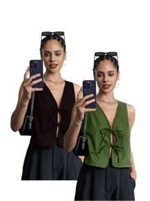 INAWLY Women's Casual Solid Color Tie Front Tank Top, Summer - Olive Green - View 1