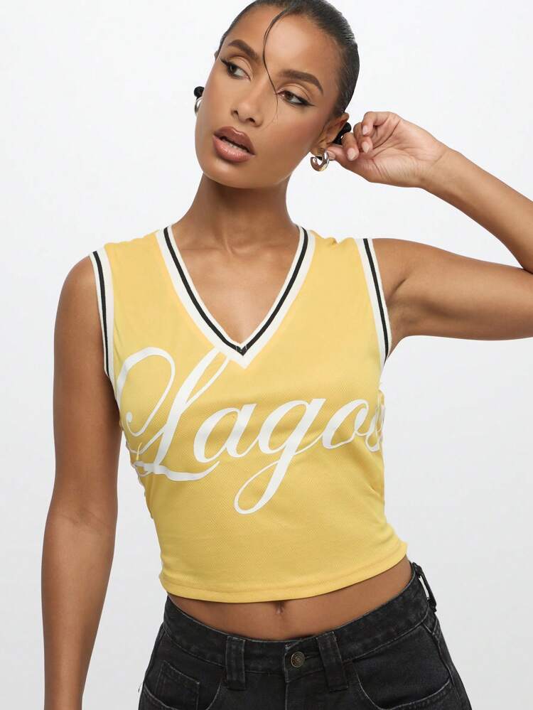 SUMWON WOMEN V Neck Logo Baseball Tank Top