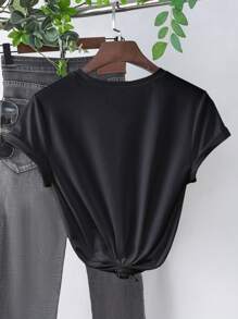 INAWLY Women's Regular Crew Neck T-Shirt, Minimalist & Fashionable, Suitable For Summer - Black - View 2