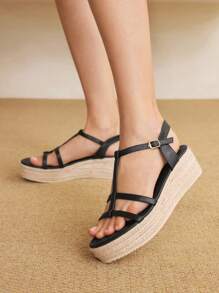 Styleloop Canvas Wedge Lace-Up Sandals, Minimalist Fashion Suitable For Summer - Black - View 4