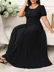 SHEIN Clasi 曲线美大码女式浪漫优雅日常黑色圆领泡泡短袖针织纹理松紧腰 A 字长裙，背面饰有蝴蝶，女士夏季连衣裙，女士婚礼宾客礼服，女士节日服装，女士音乐会服装，女士教堂礼服，黑色连衣裙，舞会礼服，女士黑色连衣裙，大码连衣裙，女士正式连衣裙，女士长裙，舞会礼服，女士端庄连衣裙，女士优雅服装 - 黑色 - 查看 6