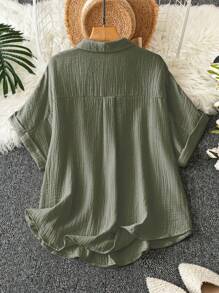 GlowEve CURVE Plus Solid Button Front Patched Pocket Shirt - Army Green - View 2