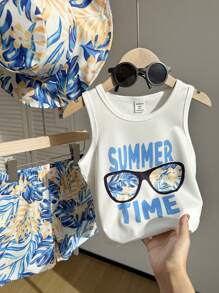 SHEIN Bộ 2 món trẻ em trai thường ngày cây dừa, kính râm in logo áo ba lỗ không tay và quần short in hình cây nhiệt đới toàn thân có mũ, thích hợp mặc hàng ngày, đi nghỉ, thể thao, ngoài trời, mùa hè - Xanh và trắng - Xem 3