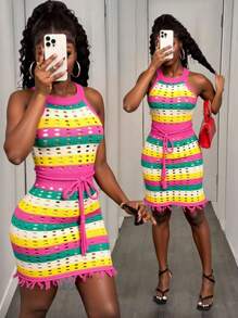 BamGleam 女士镂空露背系带度假休闲轻盈简约毛衣裙 - 彩色 - 查看 1