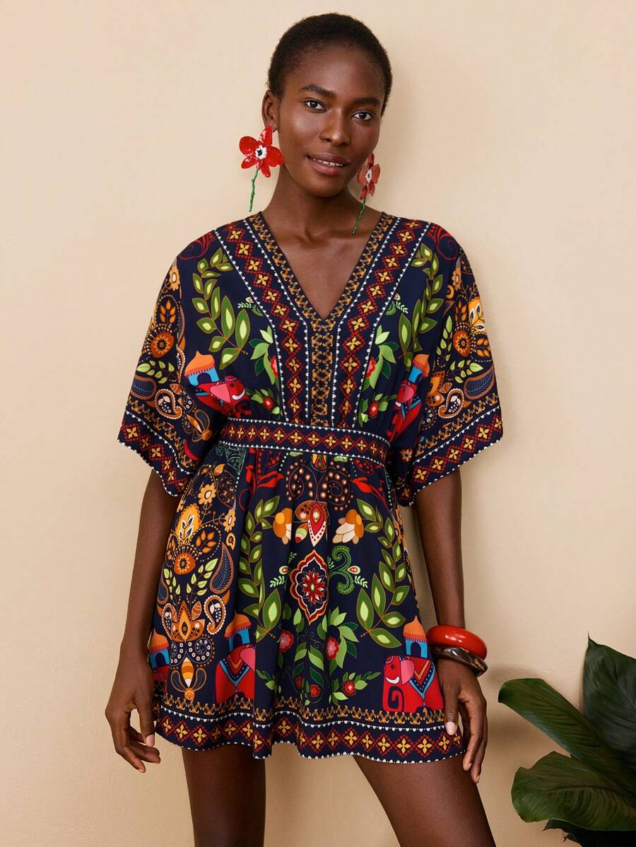 Travachic Printed Romantic Vacation Dress, Fashionable For Summer,Summer,Summer Outfits For Women,Beachwear,Beach Outfits For Woman,Vacation Outfits Women,Concert Outfit Women,BOHO,Tropical Vacation Woman Clothes,Summer Dresses For Women,Holiday Outfits,Bohemian Clothes - Multicolor - View 1