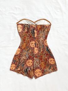 Soleia Combinaison courte casual d'été pour femmes avec imprimé soleil et torsade avant - Tabac - Voir 2