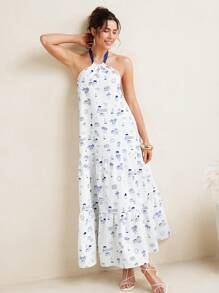 VALERIA GALIPOLI Vestito lungo a-line estivo in stile boho, senza maniche, con scollo ad altalena, con schienale aperto e stampa, adatto per spiaggia