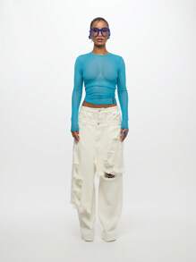 SUMWON WOMEN 长袖网眼上衣 霓虹色基本款修身春夏分层舞蹈表演上衣 - 藍色 - 查看 3