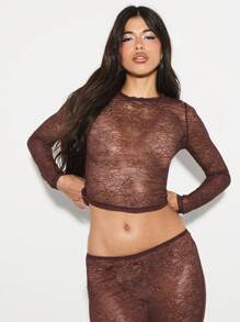 KIZN Long Sleeve Lace Crop Top Floral Pattern Stretch Clubwear Evening Party Festival Bralette - Coffee Brown - View 6
