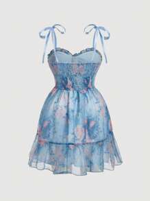 SHEIN MOD Plus Size Romantic Floral French Style Dress, Party/Evening Gown,Birthday Dresses For Women,Corset Dress For Women.Dreamy Blue Floral Ruffled Mesh Short Dress For Women Sweetheart Neck Tie Bow Details Layered Skirt Design,Spring/Summer Outfits, Valentine's Day Outfits - Blue - View 8