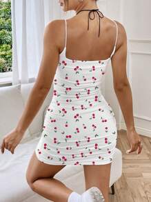 SHEIN EZwear Women's Casual Simple Cherry Print Ruched Detail Camisole Dress With Adjustable Straps, No Wire Bra, Square Neck Sleeveless Dress, "Girls Trip" Style Suitable For Going Out Chic Dress - Multicolor - View 2