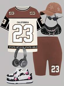 SHEIN Street Digit 23 & Letter Jersey Print, Melon Color, Casual Minimalist Teen Girl Short Sleeve Loose T-Shirt And Bike Shorts Set, 2pcs, Suitable For Summer