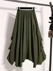 Linhara Plus Size Women Solid Color Ruffle Asymmetrical Hem Casual A-Line Skirt