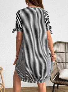SHEIN Elegant Commuter Casual Retro Vacation Women's Fashion Versatile Striped Pattern Fabric Round Neck Striped Splice Tie Front V-Hem Maternity Dress, Black & White - Black and White - View 2