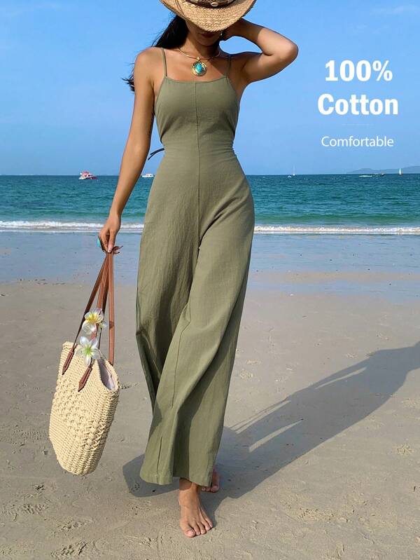 SHEIN EZwear Summer Casual Vacation Backless Camisole Wide Leg Jumpsuit