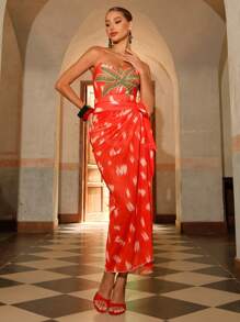 Swim Oasis Bohemian Tropical Print Halter Tie Waist One-Piece Swimsuit With Skirt For Women, Beach Skirt - Multicolor - View 5