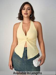 SHEIN Tall CURVE Plus Size Casual Minimalist Front Button Asymmetric Hem Halter Tank Top,Business Casual Woman - Yellow - View 1