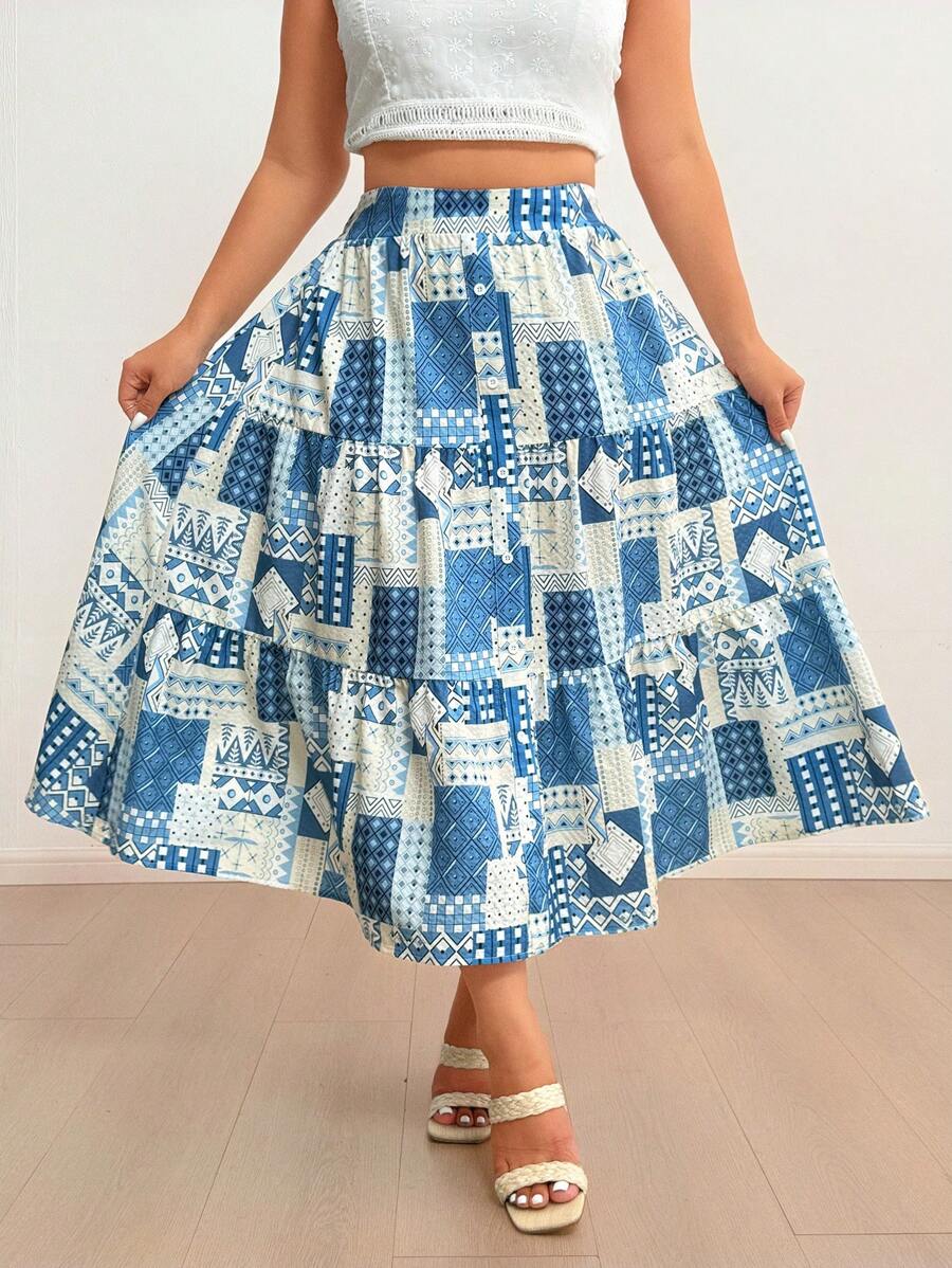 Flirla Rok A-Line Motif Patchwork untuk Wanita Ukuran Plus, Cocok untuk Liburan Musim Panas, Pakaian Musim Gugur untuk Wanita - MultiWarna - View 1