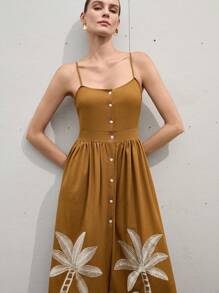 SHEIN Privé Vestido ajustado y evasé con un solo pecho, sin mangas, de punto de bambú marrón con detalles bordados de palmeras y fruncido en la cintura, estilo playa - Multicolor - Ver 4