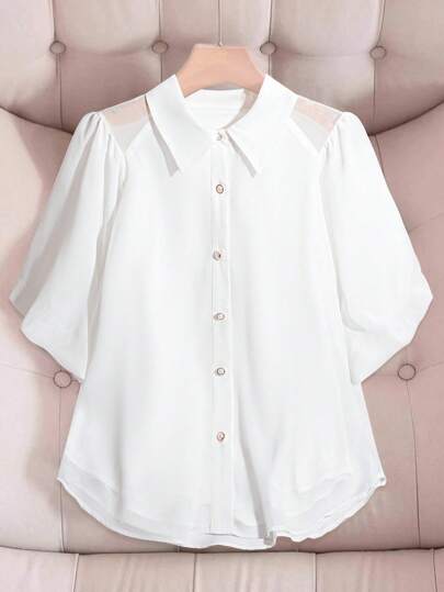 SHEIN LUNE 轻盈法式优雅泡泡袖衬衫，白色短袖女衬衫，夏季，独特设计