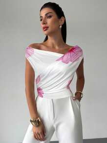 Firerie Women's Elegant Romantic Floral Print Asymmetric Draped Top, Summer Fashion, Vacation - Pink - View 2