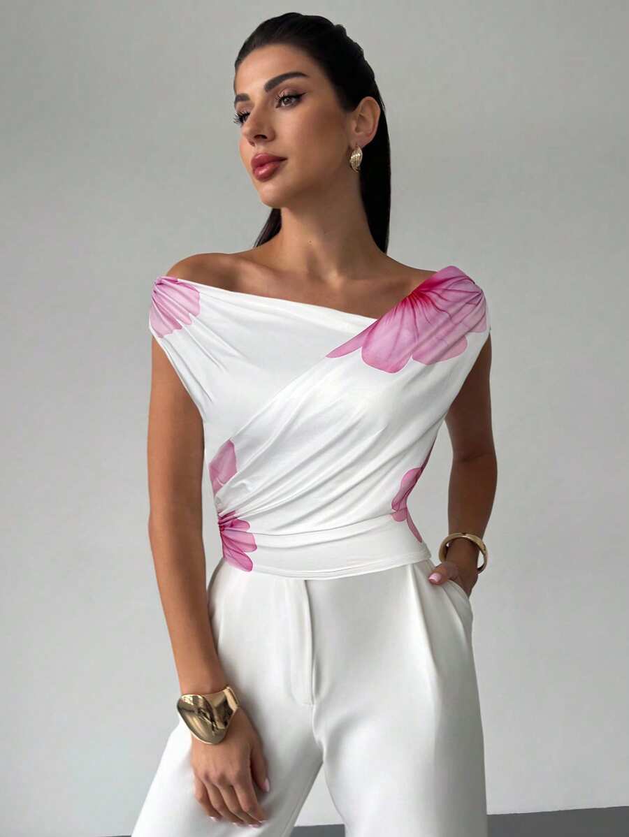 Firerie Women's Elegant Romantic Floral Print Asymmetric Draped Top, Summer Fashion, Vacation