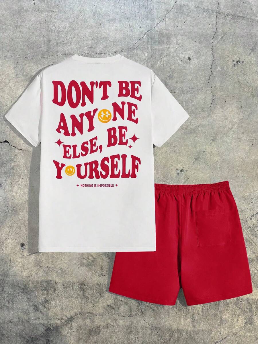 AXEPEAK 男士标语图案T恤和短裤夏季服装，街头风格