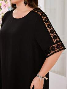 Lacomfia Plus Size Women Loose Casual Round Neck Short Sleeve Patchwork Ruffle Hem Arabic Style Dress - Black - View 1
