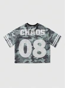 ROMWE MEN Street Life Camiseta casual holgada de hombre con estampado de letra en camuflaje de malla - Verde militar - Ver 3