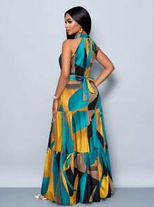 SOLERSUN 女士时尚全印花吊带长裙配腰带，飘逸度假风（随机花卉图案） - 黃色 - 查看 2