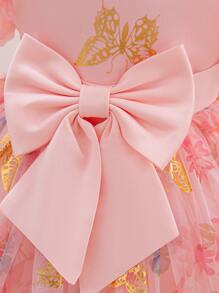 女婴夏季优雅蝴蝶图案欧根纱短袖派对连衣裙 - 粉色 - 查看 5