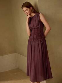 MOTF PREMIUM 女士休闲纯色褶皱腰无袖中长连衣裙，夏季 - 酒紅色 - 查看 6