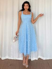 Rafferiza Đầm dự tiệc ngày lễ hàng ngày thời trang và thanh lịch, cổ chữ U, eo cao, không tay, dáng chữ A, thêu lưới ba chiều, hoa màu xanh lam, dành cho nữ, váy dài vừa phải, mùa xuân và mùa hè, váy dự tiệc cho nữ - Màu xanh nhạt - Xem 4