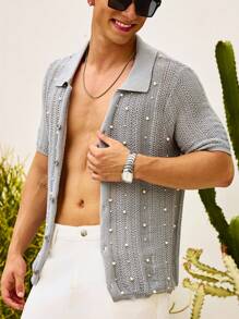 Manfinity RSRT Men's Pearl Beaded Decorated Short Sleeve Knitted Top For Summer, Vacation, Daily Wear, Party, Couple, Men's Gift, Father's Day Gift - Light Grey - View 4