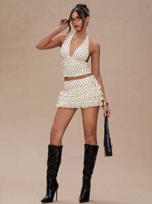 SHEIN BAE Women's Polka Dot Print Halter Neck Backless Ruffle Sleeveless Tank Top - Apricot - View 4